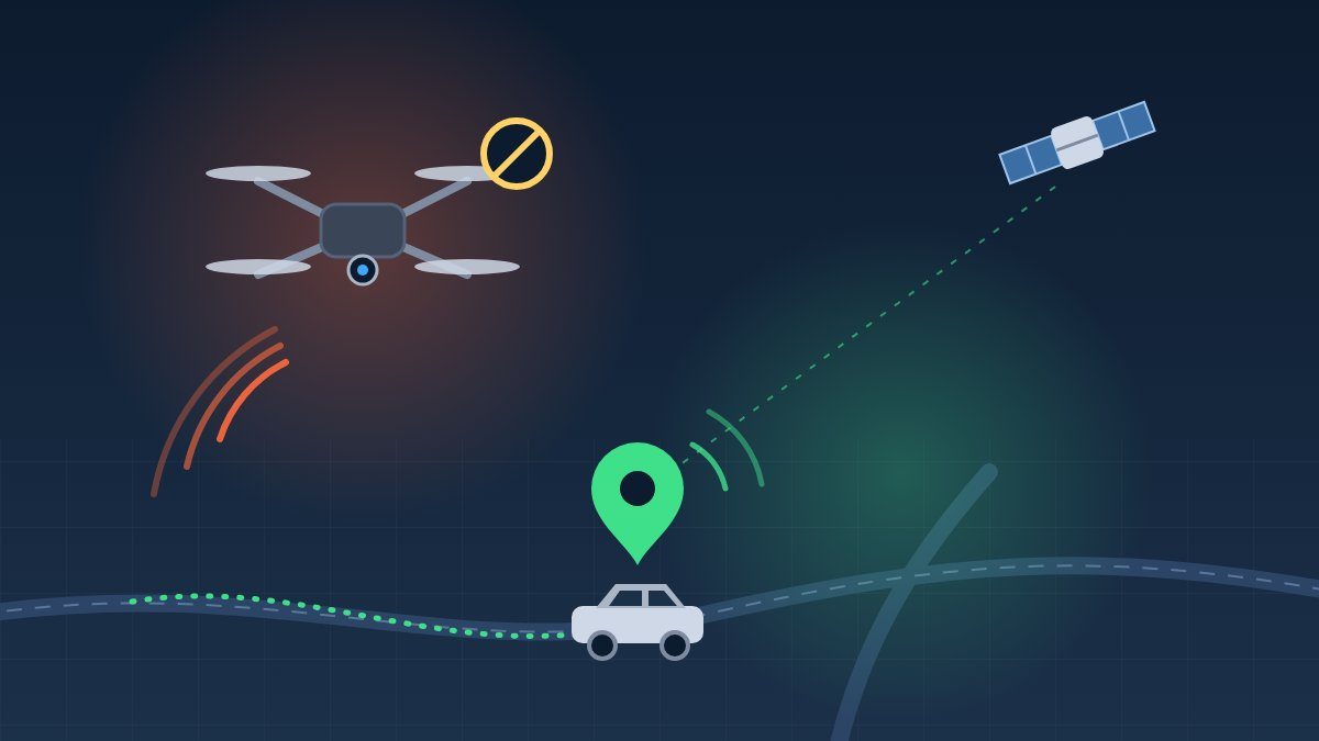 Ilustracija drona čiji je signal blokiran i automobila praćenog GPS lokatorom